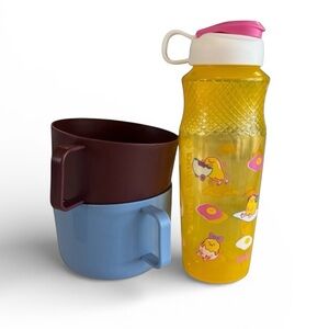 Gudetama Water Bottle + 2 Kids Handled Cups/Mugs Set (3pc) Yellow/Blue/Dark Red